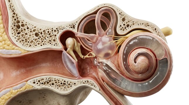 Comprehensive anatomical cross section of the healthy human ear including the external canal, tympanic membrane, auditory ossicles, spiral cochlea, and the balance system of semicircular canals.
