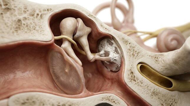 Close up 3D medical render of the human middle ear illustrating otosclerosis with abnormal bone deposits at the oval window and fixation of the stapes bone, causing auditory impairment.