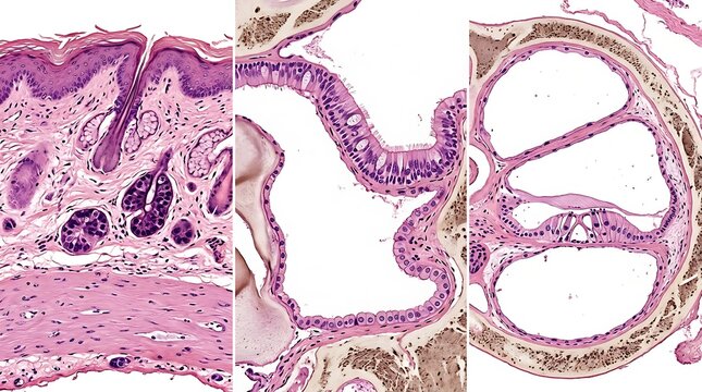 Microscopic histological illustration showing three different sections of ear tissue with H&E staining, displaying epithelial layers, ciliated cells, and glandular structures for medical study.