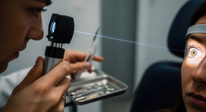 Ophthalmologist examining patient's eye with an ophthalmoscope during an eye exam, close-up on the patient's wide eye and doctor's equipment.