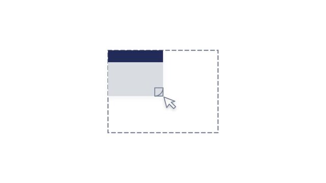 Window resizing action with cursor and dashed border.