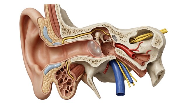 Comprehensive anatomical cross-section of the human ear and temporal bone, detailing the blood vessels, auditory nerves, middle ear ossicles, and detailed external auditory canal structures.