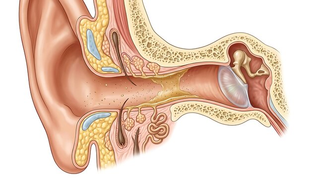 Anatomical illustration of the external auditory canal showing the production of healthy earwax by the ceruminous glands and the protective epidermal lining of the human ear canal.