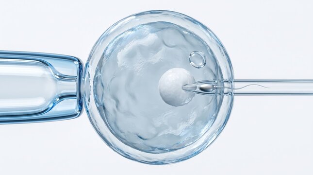 Microscopic view of ICSI procedure injecting single sperm cell into human egg for fertilization.