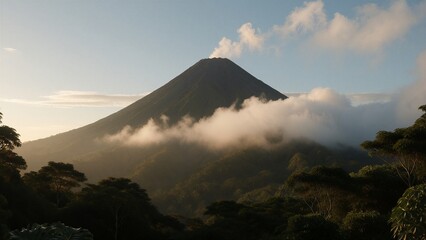 Obraz premium Tropical Volcano Releasing Steam Into Cloud Cover