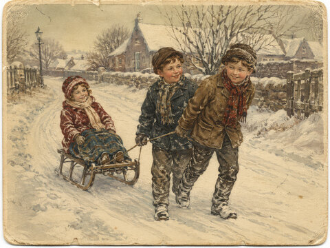 Vintage Winter Postcard with Children Pulling Sled in Snowy Village
