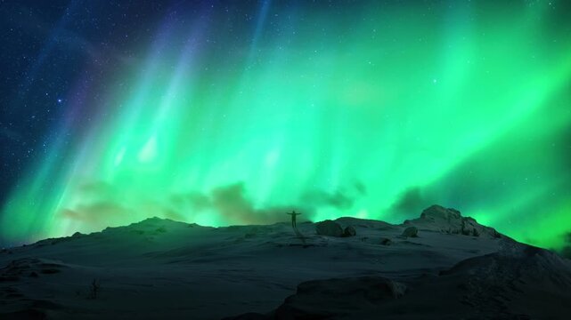 Strong bright Aurora Borealis snow covered lava field mountains, Breathtaking View Of Aurora Borealis, Aurora borealis stretches across the night sky over snowy Finland beneath bright stars,