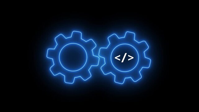 Glowing blue neon gears with coding icon for software development on dark black background.
