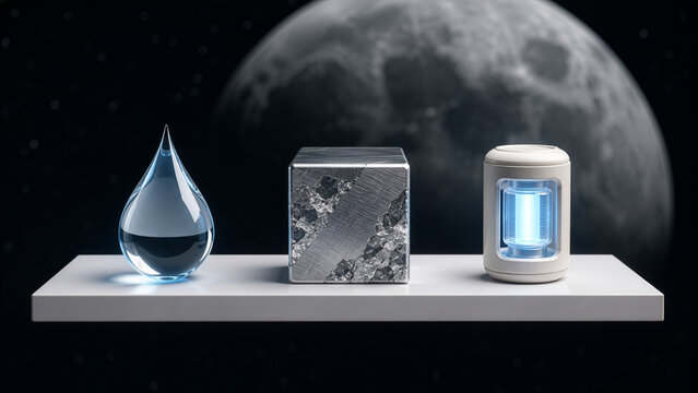 A minimalist conceptual illustration of three essential lunar resources&mdash;a water droplet, a mineral block, and an energy cell&mdash;displayed before the Moon - Generative AI