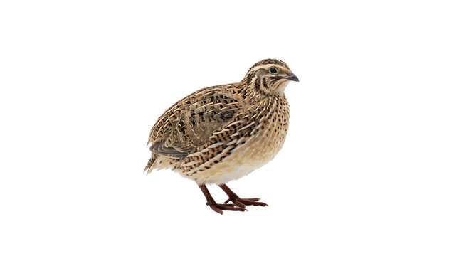 A single Japanese quail bird standing on a white background.