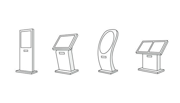 Set of four interactive digital screen kiosk designs drawn in black line art style on a solid white background.