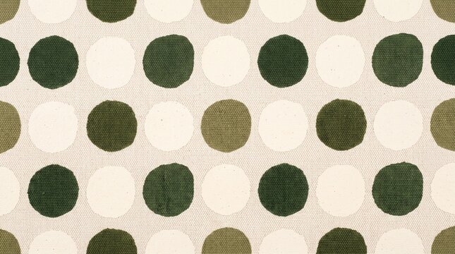 Green Polka Dot Pattern on Cream Canvas Fabric Texture Background