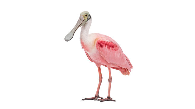 A beautiful roseate spoonbill bird with pink feathers standing isolated on a white background.