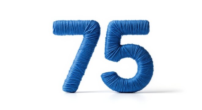 The number seventy-five, handcrafted from vibrant blue thread or yarn, standing on a clean white background with a soft shadow.