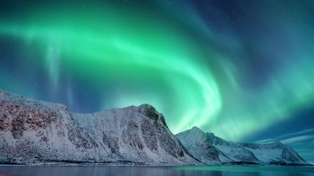 Strong bright Aurora Borealis snow covered lava field mountains, Breathtaking View Of Aurora Borealis, Aurora borealis stretches across the night sky over snowy Finland beneath bright stars,