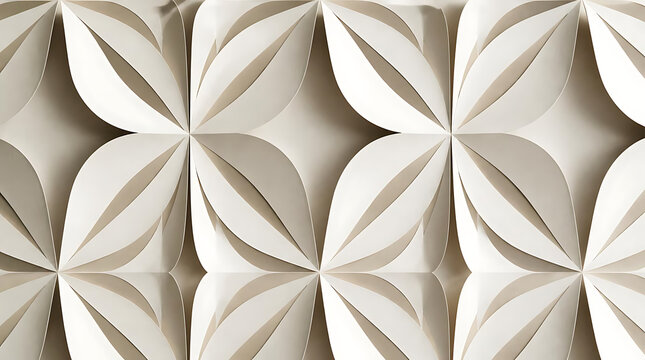Close up of 3D geometric relief wall tiles with floral petal patterns in neutral white tones for modern interior architecture and background design