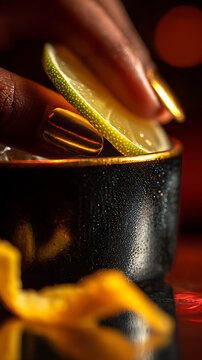 Extreme close-up of fingers holding a lime wedge over a cocktail