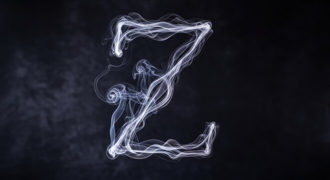 The letter Z formed from elegant wisps of white smoke against a dark, textured background.