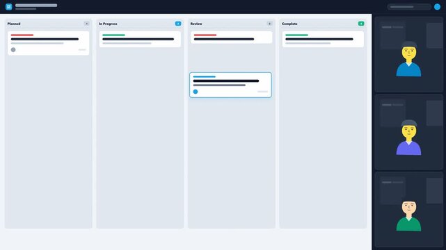 Digital project management board showing task card moving across columns. 4K Video