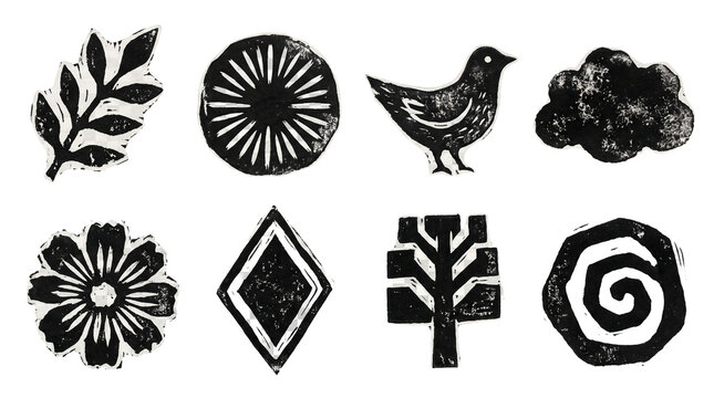 Linocut block print abstract floral and animal shapes set
