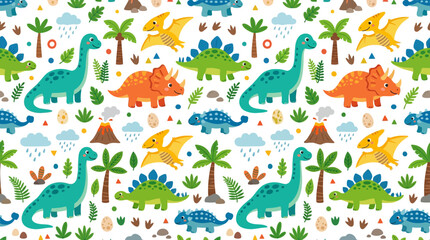 Seamless Pattern of Cute Cartoon Dinosaurs and Prehistoric Elements © Tombo