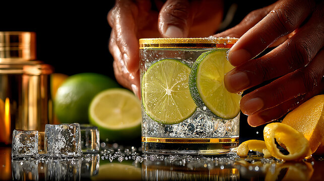 Macro view of hands rubbing fresh lime around a thick rocks glass rim