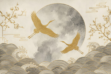 Naklejka premium Japanese Crane and Moon with Waves and Cherry Blossoms in Gold Art Style