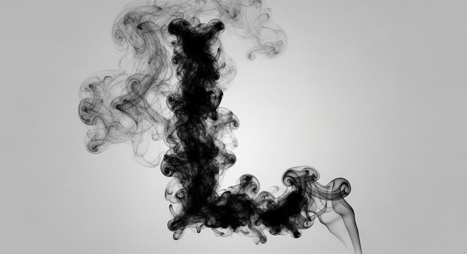 The capital letter L formed from wisps of black smoke against a light gray background.