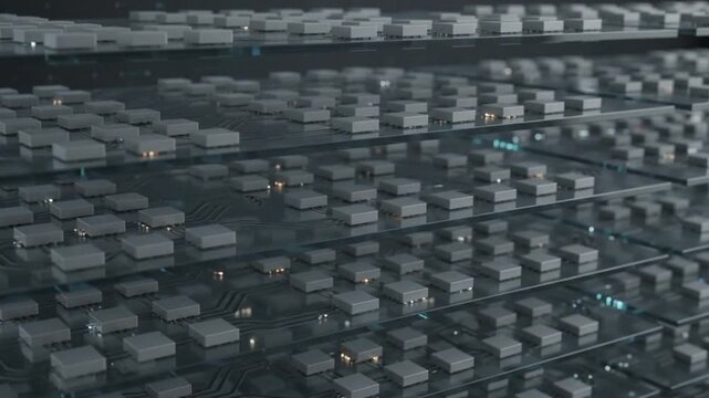 Abstract server processing visualization with layered compute units handling changing workloads and data traffic. Ideal for AI, cloud, data centers and enterprise IT.