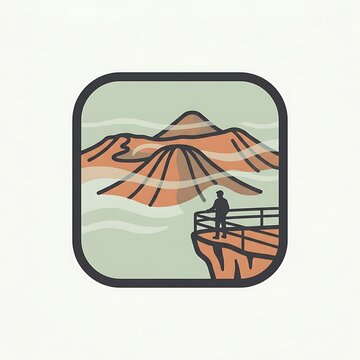 Mountain range lookout badge icon with person standing on observation deck hiking emblem nature icon landscape illustration outdoor graphic mountain view adventure symbol illustration trekking
