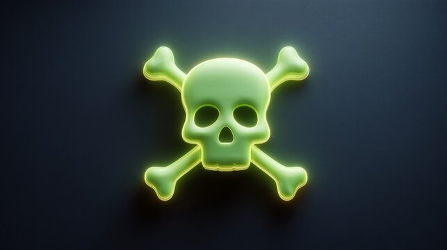 Fun 3D skull and crossbones in bright green isolated on dark background playful digital concept with simple design minimal style vibrant spooky Halloween themed render