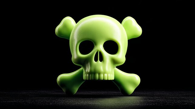 Fun 3D skull and crossbones in bright green isolated on dark background playful digital concept with simple design minimal style vibrant spooky Halloween themed render