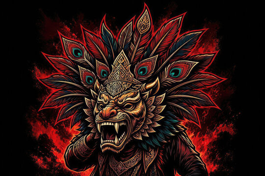 Fierce Reog Ponorogo Singa Barong Metal T-Shirt Vector Illustration