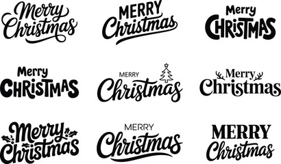 Obraz premium Merry Christmas typography lettering design featuring nine different text styles, holly leaves, and pine tree silhouettes on white background