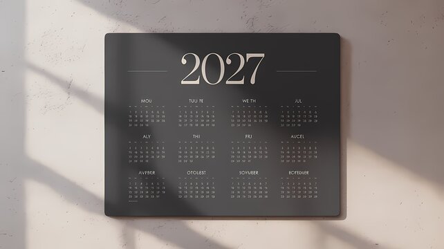 Modern black wall calendar for year twenty twenty seven with minimalist typography setup