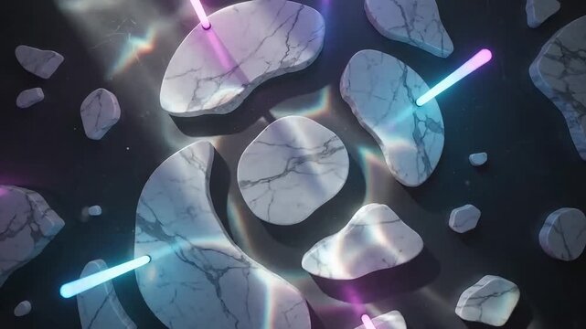 Abstract Marble Stones Floating with Glowing Neon Lights