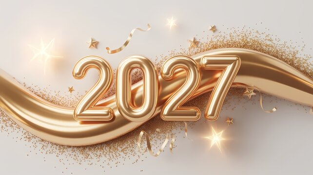 Shiny golden 2027 numerals surrounded by flowing metallic ribbons and sparkling dust