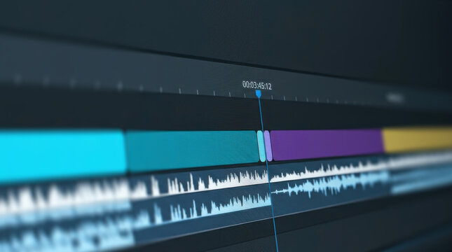 Digital audio and video editing software interface displaying sound waveforms and media tracks for professional post production workflow