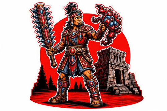Brutal Aztec Warrior Wielding Macuahuitl Obsidian Sword Metal T-Shirt Vector Illustration