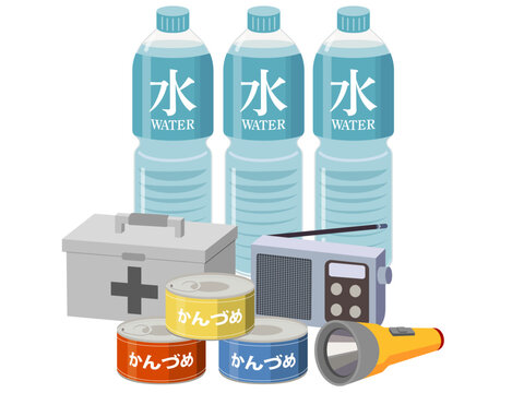 地震や災害に備える防災用品一式 イラスト素材（備蓄食料・水・応急手当）