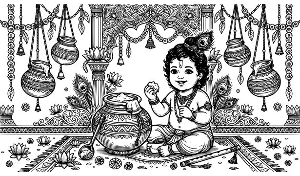Baby Krishna with butter pot for Janmashtami Gokul Ashtami Hindu festival devotional vector illustration