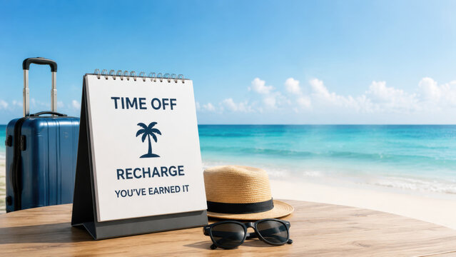 Paid time off concept featuring desk calendar on tropical beach with suitcase and sunglasses representing work life balance