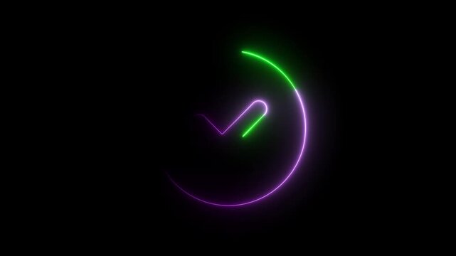 A glowing neon check mark symbol in green and purple forming a circular arc on a black background