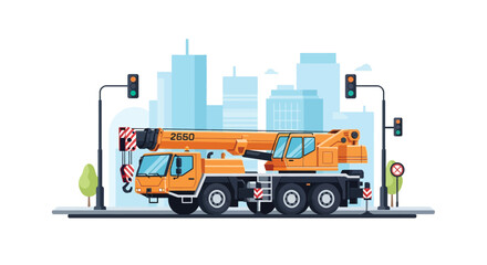 Fototapeta premium Yellow mobile truck crane vector illustration in a modern city setting