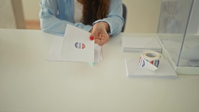 Woman handing a ballot envelope with an i voted sticker, hand visible placing paper into a ballot box in a polling building; civic duty pride.