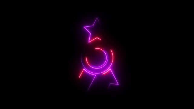 Abstract neon geometric shape with arrows and circle in vibrant pink and red on black background