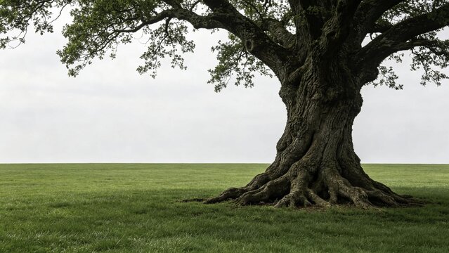 Massive tree with gnarled roots on expansive green lawn