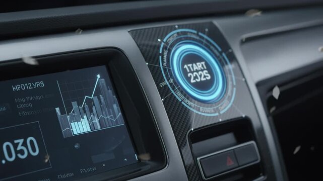 Hand pressing illuminated start button on modern car dashboard, displaying digital interface with graphs and data, showcasing advanced automotive technology in a sleek interior