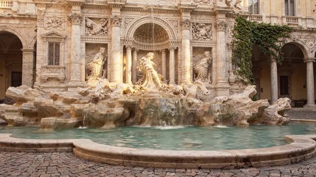 Baroque stone fountain with flowing water in a historic courtyard in Rome, Italy, during the day.