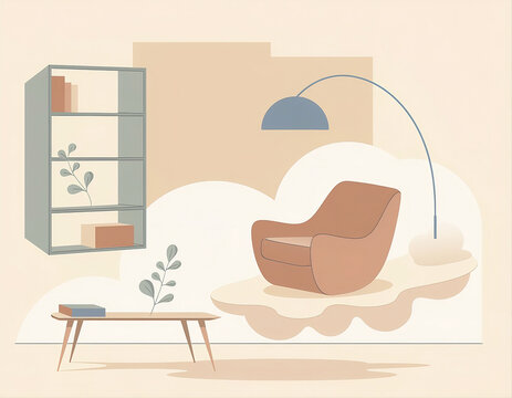 Minimalist Living Room Interior Vector Illustration with Armchair and Lamp